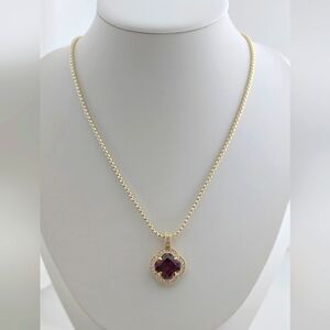14K Gold Plated Clover Red CZ Stone Pendant Necklace